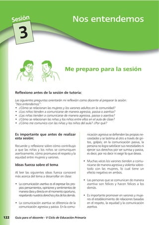 122
Nos entendemosSesión
Guía para el docente - V Ciclo de Educación Primaria
3
Reflexiono antes de la sesión de tutoría:
Las siguientes preguntas orientarán mi reflexión como docente al preparar la sesión:
“Nos entendemos”:
• ¿Cómo se relacionan las mujeres y los varones adultos en la comunidad?
• ¿Los niños tienden a comunicarse de manera agresiva, pasiva o asertiva?
• ¿Las niñas tienden a comunicarse de manera agresiva, pasiva o asertiva?
• ¿Cómo se relacionan las niñas y los niños entre ellos en el aula de clase?
• ¿Cómo me comunico con las niñas y los niños del aula? ¿Por qué?
Me preparo para la sesión
Es importante que antes de realizar
esta sesión:
Recuerde y reflexione sobre cómo contribuyo
a que las niñas y los niños se comuniquen
asertivamente, cómo promuevo el respeto y la
equidad entre mujeres y varones.
Ideas fuerza sobre el tema
Al leer las siguientes ideas fuerza conoceré
más acerca del tema a desarrollar en clase:
• La comunicación asertiva es el expresar los pro-
pios pensamientos, opiniones y sentimientos de
maneraclaraydirectaenelmomentooportuno,
respetandonuestrosderechosylosdelosdemás.
• La comunicación asertiva se diferencia de la
comunicación agresiva y pasiva. En la comu-
nicación agresiva se defienden las propias ne-
cesidades y se lastima al otro a través de gri-
tos, golpes; en la comunicación pasiva, la
persona no logra satisfacer sus necesidades ni
ejercer sus derechos por ser sumisa y pasiva,
es decir, por no decir ni exigir lo que desea.
• Muchas veces los varones tienden a comu-
nicarse de manera agresiva y violenta sobre-
todo con las mujeres, lo cual tiene un
efecto negativo en ambos.
• Las personas que se comunican de manera
asertiva son felices y hacen felices a los
demás.
• Es importante promover en varones y muje-
res el establecimiento de relaciones basadas
en el respeto, la equidad y la comunicación
asertiva.
 