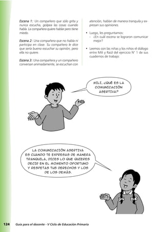 124 Guía para el docente - V Ciclo de Educación Primaria
Escena 1: Un compañero que sólo grita y
nunca escucha, golpea las cosas cuando
habla. La compañera quiere hablar pero tiene
miedo.
Escena 2: Una compañera que no habla ni
participa en clase. Su compañero le dice
que sería bueno escuchar su opinión, pero
ella no quiere.
Escena 3: Una compañera y un compañero
conversan animadamente, se escuchan con
atención, hablan de manera tranquila y ex-
presan sus opiniones.
• Luego, les preguntamos:
- ¿En cuál escena se lograron comunicar
mejor?
• Leemos con las niñas y los niños el diálogo
entre Mili y Raúl del ejercicio N° 1 de sus
cuadernos de trabajo:
Mili, ¿qué es la
comunicación
asertiva?
La comunicación asertiva
es cuando te expresas de manera
tranquila, dices lo que quieres
decir en el momento oportuno
y respetas tus derechos y los
de los demás.
 