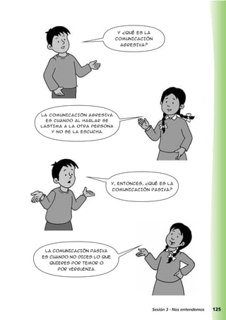 Y, entonces, ¿qué es la
comunicación pasiva?
La comunicación pasiva
es cuando no dices lo que
quieres por temor o
por vergüenza.
125Sesión 3 - Nos entendemos
Y ¿qué es la
comunicación
agresiva?
La comunicación agresiva
es cuando al hablar se
lastima a la otra persona
y no se la escucha.
 