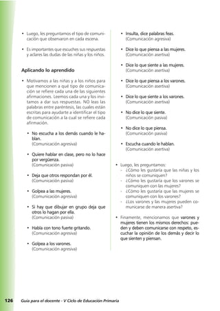 126 Guía para el docente - V Ciclo de Educación Primaria
• Luego, les preguntamos el tipo de comuni-
cación que observaron en cada escena.
• Es importantes que escuches sus respuestas
y aclares las dudas de las niñas y los niños.
Aplicando lo aprendido
• Motivamos a las niñas y a los niños para
que mencionen a qué tipo de comunica-
ción se refiere cada una de las siguientes
afirmaciones. Leemos cada una y los invi-
tamos a dar sus respuestas. NO leas las
palabras entre paréntesis, las cuales están
escritas para ayudarte a identificar el tipo
de comunicación a la cual se refiere cada
afirmación.
• No escucha a los demás cuando le ha-
blan.
(Comunicación agresiva)
• Quiere hablar en clase, pero no lo hace
por vergüenza.
(Comunicación pasiva)
• Deja que otros respondan por él.
(Comunicación pasiva)
• Golpea a las mujeres.
(Comunicación agresiva)
• Si hay que dibujar en grupo deja que
otros lo hagan por ella.
(Comunicación pasiva)
• Habla con tono fuerte gritando.
(Comunicación agresiva)
• Golpea a los varones.
(Comunicación agresiva)
• Insulta, dice palabras feas.
(Comunicación agresiva)
• Dice lo que piensa a las mujeres.
(Comunicación asertiva)
• Dice lo que siente a las mujeres.
(Comunicación asertiva)
• Dice lo que piensa a los varones.
(Comunicación asertiva)
• Dice lo que siente a los varones.
(Comunicación asertiva)
• No dice lo que siente.
(Comunicación pasiva)
• No dice lo que piensa.
(Comunicación pasiva)
• Escucha cuando le hablan.
(Comunicación asertiva)
• Luego, les preguntamos:
- ¿Cómo les gustaría que las niñas y los
niños se comuniquen?
- ¿Cómo les gustaría que los varones se
comuniquen con las mujeres?
- ¿Cómo les gustaría que las mujeres se
comuniquen con los varones?
- ¿Los varones y las mujeres pueden co-
municarse de manera asertiva?
• Finamente, mencionamos que varones y
mujeres tienen los mismos derechos: pue-
den y deben comunicarse con respeto, es-
cuchar la opinión de los demás y decir lo
que sienten y piensan.
 