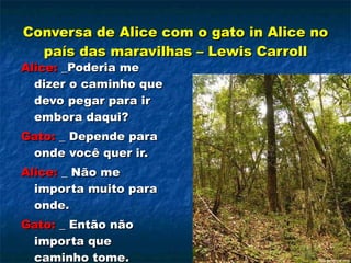 Alice:  _Poderia me dizer o caminho que devo pegar para ir embora daqui? Gato:  _ Depende para onde você quer ir. Alice:  _ Não me importa muito para onde. Gato:  _ Então não importa que caminho tome. Conversa de Alice com o gato in Alice no país das maravilhas – Lewis Carroll 