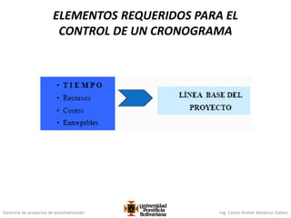 Gerencia de proyectos de automatización Ing. Carlos Andrés Betancur Gálvez
ELEMENTOS REQUERIDOS PARA EL
CONTROL DE UN CRONOGRAMA
 