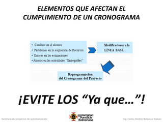 Gerencia de proyectos de automatización Ing. Carlos Andrés Betancur Gálvez
ELEMENTOS QUE AFECTAN EL
CUMPLIMIENTO DE UN CRONOGRAMA
¡EVITE LOS “Ya que…”!
 