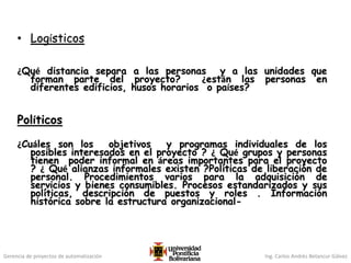 Gerencia de proyectos de automatización Ing. Carlos Andrés Betancur Gálvez
• Logísticos
¿Qué distancia separa a las personas y a las unidades que
forman parte del proyecto? ¿están las personas en
diferentes edificios, husos horarios o países?
Políticos
¿Cuáles son los objetivos y programas individuales de los
posibles interesados en el proyecto ? ¿ Qué grupos y personas
tienen poder informal en áreas importantes para el proyecto
? ¿ Qué alianzas informales existen ?Políticas de liberación de
personal. Procedimientos varios para la adquisición de
servicios y bienes consumibles. Procesos estandarizados y sus
políticas, descripción de puestos y roles . Información
histórica sobre la estructura organizacional-
 