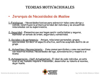 Gerencia de proyectos de automatización Ing. Carlos Andrés Betancur Gálvez
Teorias Motivacionales
• Jerarquía de Necesidades de Maslow
1.-Fisiológicas .- Necesidades básicas para sobrevivir tales como abrigo y
comida, constituyen la primera prioridad del individuo y se encuentran
relacionadas con su supervivencia.
2.-Seguridad.- Elementos que nos hagan sentir confortables y seguros,
mantener un estado de orden, seguridad y estabilidad.
3.-Sociales o de pertenencia.- Amigos, relaciones personales, grupos,
asociaciones. Es decir el aspecto afectivo, sentirse aceptado dentro de un
grupo
4.- Autoestima ó Reconocimiento - Como somos percibidos y como nos sentimos
con nosotros mismos. Necesidades del ego, autovaloración y respeto a si
mismo
5.-Autosuperación.- (Self Actualization).- El ideal de cada individuo, en este
nivel el ser humano requiere trascender, desarrollar su talento al máximo,
dejar huella.
 