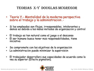 Gerencia de proyectos de automatización Ing. Carlos Andrés Betancur Gálvez
Teorias X-Y Douglas McGregor
• Teoría Y.- Mentalidad de la moderna perspectiva
sobre el trabajo y la administración .-
• Si los empleados son flojos, irresponsables, intolerantes y
demás es debido a los malos métodos de organización y control
• El trabajo es tan natural como el juego o el descanso
• El ser humano busca tener más responsabilidades, tiene
iniciativa
• Se compromete con los objetivos de la organización
• La administración puede minimizar la supervisión
• El trabajador desarrollará sus capacidades de acuerdo como lo
vea su superior (Efecto pigmalion).
 