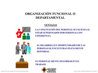 Gerencia de proyectos de automatización Ing. Carlos Andrés Betancur Gálvez
VENTAJAS
LA CAPACITACIÓN DEL PERSONAL SE FACILITAAL
ESTAR SUPERVISADOS POR PERSONAL CON
EXPERIENCIA.
EL DESARROLLO Y OPORTUNIDADES DE LAS
PERSONAS SE ENCUENTRAN PLENAMENTE
DEFINIDAS.
EL PERSONAL SIENTE SEGURIDAD EN EL
TRABAJO
ORGANIZACIÓN FUNCIONAL O
DEPARTAMENTAL
 