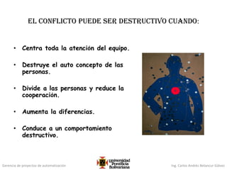Gerencia de proyectos de automatización Ing. Carlos Andrés Betancur Gálvez
El conflicto puede ser destructivo cuando:
• Centra toda la atención del equipo.
• Destruye el auto concepto de las
personas.
• Divide a las personas y reduce la
cooperación.
• Aumenta la diferencias.
• Conduce a un comportamiento
destructivo.
 