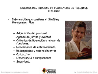 Gerencia de proyectos de automatización Ing. Carlos Andrés Betancur Gálvez
salidas del proceso de planeación de recursos
humanos
• Información que contiene el Staffing
Management Plan
– Adquisición del personal
– Agenda de juntas y eventos
– Criterios de liberación o relevo de
funciones.
– Necesidades de entrenamiento.
– Recompensas y reconocimientos
– Co-Location
– Observancia o cumplimiento
– Seguridad.
 