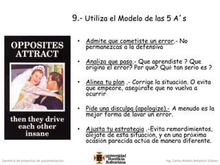 Gerencia de proyectos de automatización Ing. Carlos Andrés Betancur Gálvez
9.- Utiliza el Modelo de las 5 A´s
• Admite que cometiste un error.- No
permanezcas a la defensiva
• Analiza que paso.- Que aprendiste ? Que
origino el error? Por que? Qué tan serio es ?
• Alinea tu plan .- Corrige la situación. O evita
que empeore, asegúrate que no vuelva a
ocurrir
• Pide una disculpa (apologize).- A menudo es la
mejor forma de lavar un error.
• Ajusta tu estrategia .-Evita remordimientos,
aléjate de esta situación, y en una próxima
ocasión parecida actúa de manera diferente.
 