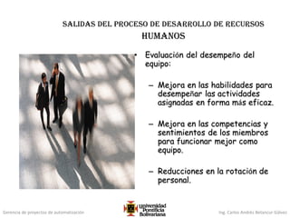 Gerencia de proyectos de automatización Ing. Carlos Andrés Betancur Gálvez
salidas del proceso de desarrollo de recursos
humanos
• Evaluación del desempeño del
equipo:
– Mejora en las habilidades para
desempeñar las actividades
asignadas en forma más eficaz.
– Mejora en las competencias y
sentimientos de los miembros
para funcionar mejor como
equipo.
– Reducciones en la rotación de
personal.
 