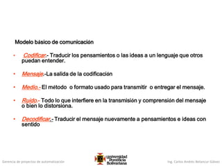Gerencia de proyectos de automatización Ing. Carlos Andrés Betancur Gálvez
Modelo básico de comunicación
• Codificar.- Traducir los pensamientos o las ideas a un lenguaje que otros
puedan entender.
• Mensaje.-La salida de la codificación
• Medio.- El método o formato usado para transmitir o entregar el mensaje.
• Ruido.- Todo lo que interfiere en la transmisión y comprensión del mensaje
o bien lo distorsiona.
• Decodificar.- Traducir el mensaje nuevamente a pensamientos e ideas con
sentido
 
