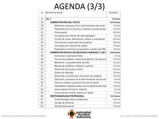 Gerencia de proyectos de automatización Ing. Carlos Andrés Betancur Gálvez
AGENDA (3/3)Id Nombre de tarea Duración
37 Día 3 4 horas
38 ADMINISTRACIÓN DEL COSTO 1,92 horas
39 Definición yprocesos de la administración del costo 10 mins
40 Planeación de los recursos, m étodos y herram ientas 10 mins
41 Presupuesto 20 mins
42 Conceptos del m étodo del valor agregado 5 m ins
43 Control de costo, definiciones, índices e indicadores 20 mins
44 Formulación y evaluación de proyectos 30 mins
45 Conceptos de inversión de capital 10 mins
46 Evaluación económica de proyectos a través del VPN, 10 mins
47 ADMINISTRACIÓN DE LOS RECURSOS HUMANOS Y LAS C 1,58 horas
48 Estructuras organizacionales. 5 m ins
49 Formas de poderes, matriz de asignación de respons 15 mins
50 Motivación, comportamiento del líder 10 mins
51 Manejo de conflictos: m étodos y cam bio 10 mins
52 Desarrollo del equipo y clima 10 mins
53 Estilos de liderazgo 10 mins
54 Desarrollo yconstrucción del equipo de proyecto 10 mins
55 Definición yprocesos de la administración de las com 5 m ins
56 Formas, canales yprocesos de com unicación 5 m ins
57 Habilidades interpersonales para el gerente del proye 10 mins
58 Comunicación formal vs. informal 5 m ins
59 Comunicación escrita, verbal yno verbal 5 m ins
60 RESPONSABILIDAD PROFESIONAL 0,5 horas
61 Conducta legal, ética y profesional 10 mins
62 Código de conducta 10 mins
63 Sensibilidad cultural 10 mins
 