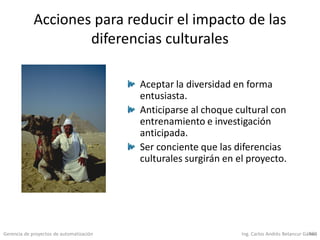 Gerencia de proyectos de automatización Ing. Carlos Andrés Betancur Gálvez460
Acciones para reducir el impacto de las
diferencias culturales
Aceptar la diversidad en forma
entusiasta.
Anticiparse al choque cultural con
entrenamiento e investigación
anticipada.
Ser conciente que las diferencias
culturales surgirán en el proyecto.
 