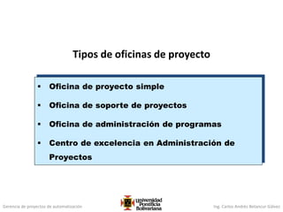 Gerencia de proyectos de automatización Ing. Carlos Andrés Betancur Gálvez
Tipos de oficinas de proyecto
 Oficina de proyecto simple
 Oficina de soporte de proyectos
 Oficina de administración de programas
 Centro de excelencia en Administración de
Proyectos
 