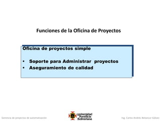 Gerencia de proyectos de automatización Ing. Carlos Andrés Betancur Gálvez
Funciones de la Oficina de Proyectos
Oficina de proyectos simple
 Soporte para Administrar proyectos
 Aseguramiento de calidad
 