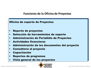 Gerencia de proyectos de automatización Ing. Carlos Andrés Betancur Gálvez
Funciones de la Oficina de Proyectos
Oficina de soporte de Proyectos
 Reporte de proyectos
 Selección de herramientas de soporte
 Administración de Portafolio de Proyectos
 Actividades financieras
 Administración de los documentos del proyecto
 Consultoría al proyecto
 Capacitación
 Reportes de programas
 Vista general de los proyectos
 