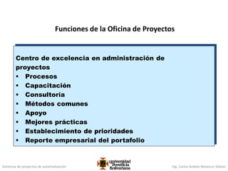 Gerencia de proyectos de automatización Ing. Carlos Andrés Betancur Gálvez
Funciones de la Oficina de Proyectos
Centro de excelencia en administración de
proyectos
 Procesos
 Capacitación
 Consultoría
 Métodos comunes
 Apoyo
 Mejores prácticas
 Establecimiento de prioridades
 Reporte empresarial del portafolio
 