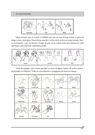  
115
LIBRAS 
 
Os sinais da família:
Muita atenção com os verbos. A LIBRAS não tem em suas formas verbais a marca de
tempo como o português. Dessa forma, quando o verbo refere-se há um tempo passado, futu-
ro ou presente, o que vai marcar o tempo da ação ou do evento serão itens lexicais ou sinais
adverbiais como ONTEM, AMANHÃ, HOJE.
Antes de qualquer coisa vamos aprender os sinais de alguns verbos. Os verbos serão a-
presentados no infinitivo. Todas as concordâncias e conjugações são feitas no espaço.
 