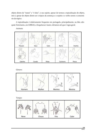  
119
LIBRAS 
 
objeto direto de “matar” e “o leão”, o seu sujeito, apesar de termos a topicalização do objeto,
isto é, apesar do objeto direto ser o tópico da sentença e o sujeito e o verbo serem o comentá-
rio do tópico.
A topicalização é relativamente frequente em português, principalmente, na fala colo-
quial. Entretanto, em LIBRAS, a frequência é maior, diríamos até que é regra geral.
Animais:
Gênero:
Tempo:
 