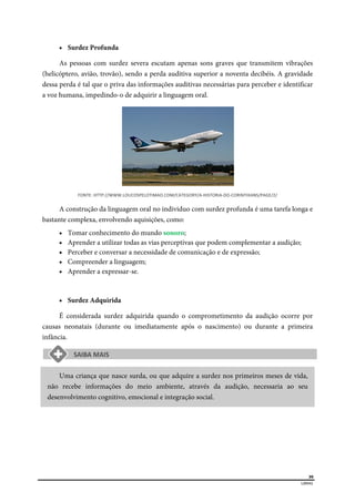  
39
LIBRAS 
 Surdez Profunda
As pessoas com surdez severa escutam apenas sons graves que transmitem vibrações
(helicóptero, avião, trovão), sendo a perda auditiva superior a noventa decibéis. A gravidade
dessa perda é tal que o priva das informações auditivas necessárias para perceber e identificar
a voz humana, impedindo-o de adquirir a linguagem oral.
FONTE: HTTP://WWW.LOUCOSPELOTIMAO.COM/CATEGORY/A‐HISTORIA‐DO‐CORINTHIANS/PAGE/2/ 
A construção da linguagem oral no individuo com surdez profunda é uma tarefa longa e
bastante complexa, envolvendo aquisições, como:
 Tomar conhecimento do mundo sonoro;
 Aprender a utilizar todas as vias perceptivas que podem complementar a audição;
 Perceber e conversar a necessidade de comunicação e de expressão;
 Compreender a linguagem;
 Aprender a expressar-se.
 Surdez Adquirida
É considerada surdez adquirida quando o comprometimento da audição ocorre por
causas neonatais (durante ou imediatamente após o nascimento) ou durante a primeira
infância.
Uma criança que nasce surda, ou que adquire a surdez nos primeiros meses de vida,
não recebe informações do meio ambiente, através da audição, necessaria ao seu
desenvolvimento cognitivo, emocional e integração social.
 
