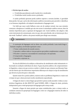  
79
LIBRAS 
 
 Há dois tipos de surdos:
 O indivíduo parcialmente surdo (surdez leve e moderada);
 O indivíduo surdo (surdez severa e profunda).
A surdez profunda apresenta perda auditiva superior a noventa decibéis. A gravidade
dessa perda é tal, que o priva das informações auditivas necessárias para perceber e identificar
a voz humana, impedindo-o de adquirir naturalmente a linguagem oral.
Um bebê que nasce surdo balbucia como um de audição normal, mas suas emissões
começam a desaparecer à medida que não tem acesso à estimulação auditiva externa, fator de
máxima importância para a aquisição da linguagem oral. Assim também, não adquire a fala
como instrumento de comunicação, uma vez que, não a percebendo, não se interessa por ela, e
não tendo "feedback" auditivo, não possui modelo para dirigir suas emissões.
A construção da linguagem oral no aluno com surdez profunda é uma tarefa longa e
bastante complexa, envolvendo aquisições como:
1-Tomar conhecimento do mundo sonoro;
2-Aprender a utilizar todas as vias perceptivas que podem complementar a audição;
3-Perceber e conservar a necessidade de comunicação e de expressão;
4-Compreender a linguagem;
5-Aprender a expressar-se.
Na área da deficiência da audição as alternativas de atendimento estão intimamente re-
lacionadas às condições individuais do aluno. O grau da perda auditiva e do comprometimen-
to linguístico, a época em que ocorreu a surdez e a idade em que começou sua Educação Espe-
cial são fatores que irão determinar importantes diferenças em relação ao tipo de atendimento
que deverá ser prescrito para o educando.
Quanto maior for a perda auditiva, maiores serão os problemas linguísticos e maior será
o tempo em que o aluno precisará receber atendimento especializado.
A língua de sinais é a única língua que permite à pessoa surda ascender a todas as carac-
terísticas linguísticas da fala (BOUVET apud GOMES, 2009). A língua de sinais, portanto,
indispensável, para a total apropriação da linguagem pele criança surda.
Somente a língua de sinais permite que sejam restabelecidas, para a criança surda, as
condições naturais de apropriação da linguagem e deve ser a linguagem materna de todos os
indivíduos surdos.
 