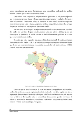  
90
MARLENE CARDOSO 
 
juntos para alcançar seus alvos. Portanto, em uma comunidade surda pode ter também
ouvintes e surdos que não são culturalmente surdos.
Uma cultura é um conjunto de comportamentos aprendidos de um grupo de pessoas
que possuem sua propria língua, valores, regras de comportamento e tradições. Portanto é
mais fechada que a comunidade surda, os membros de uma cultura surda se comportam
como pessoas surdas, usam a língua das pessoas surdas e compartilham entre si das acrenças
das pessoas surdas e com outras pessoas que não são surdas.
Mas não basta ser surdo para fazer parte da comunidade e cultura de surdos. A maioria
dos surdos por ser filhos de pais ouvintes, muitos deles não sabem a LIBRAS e não tem
contato com as associações de surdos, que são as comunidades surdas, podendo se tornar o
que os surdos definem como DA.
Os surdos que estão engajados na causa politica da comunidade de surdos, costumam
fazer distinção entre surdos e DA. O termo deficiente estigmatiza a pessoa pois a mostra pelo
que ela não tem em relação às outras pessoas ditas normais. Por este motivo o termo SURDO
é o mais aceito por sua comunidade.
FONTE: HTTP://ABENFO.REDESINDICAL.COM.BR/TEXTOS.PHP?ID=64 
Estima-se que no Brasil existe mais de 5.750.809 pessoas com problemas relacionados à
surdez. Há surdos em todas as regiões do território nacional, e em várias regiões eles têm se
organizado, formando associações em todo o país. Pelo fato de vivermos em um país com um
vasto território, as diversidades entre as comunidades de surdos são grandes em termos de
vestuário, alimenteção, situação socioeconômica e variações linguisticas regionais, assim
como os ouvintes falantes da língua portuguesa.
 