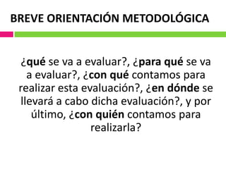 BREVE ORIENTACIÓN METODOLÓGICA


  ¿qué se va a evaluar?, ¿para qué se va
   a evaluar?, ¿con qué contamos para
 realizar esta evaluación?, ¿en dónde se
 llevará a cabo dicha evaluación?, y por
    último, ¿con quién contamos para
                 realizarla?
 