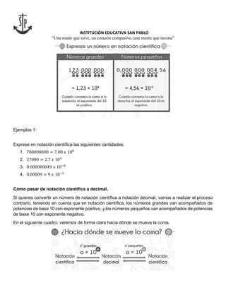 INSTITUCIÓN EDUCATIVA SAN PABLO
“Una mano que sirve, un corazón compasivo, una mente que razona”
Ejemplos 1:
Exprese en notación científica las siguientes cantidades.
1. 708000000 = 7.08 𝑥 108
2. 27000 = 2.7 𝑥 104
3. 0.000000049 𝑥 10−8
4. 0.00009 = 9 𝑥 10−5
Cómo pasar de notación científica a decimal.
Si quieres convertir un número de notación científica a notación decimal, vamos a realizar el proceso
contrario, teniendo en cuenta que en notación científica, los números grandes van acompañados de
potencias de base 10 con exponente positivo, y los números pequeños van acompañados de potencias
de base 10 con exponente negativo.
En el siguiente cuadro, veremos de forma clara hacia dónde se mueve la coma.
 