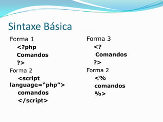 Sintaxe Básica
Forma 1

Forma 3

<?php
Comandos
?>
Forma 2
<script
language=“php”>
comandos
</script>

<?
Comandos
?>
Forma 2
<%
comandos
%>

 