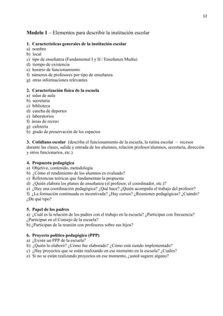 12
Modelo 1 – Elementos para describir la institución escolar
1. Características generales de la institución escolar
a) nombre
b) local
c) tipo de enseñanza (Fundamental I y II / Enseñanza Media)
d) tiempo de existencia
e) horario de funcionamiento
f) números de profesores por tipo de enseñanza
g) otras informaciones relevantes
2. Caracterización física de la escuela
a) salas de aula
b) secretaria
c) biblioteca
d) cancha de deportes
e) laboratorios
f) áreas de recreo
g) cafetería
h) grado de preservación de los espacios
3. Cotidiano escolar (describa el funcionamiento de la escuela, la rutina escolar – recesos
durante las clases, salida y entrada de los alumnos, relación profesor/alumnos, secretaría, dirección
y otros funcionarios, etc.).
4. Propuesta pedagógica
a) Objetivo, contenido, metodología
b) ¿Cómo el rendimiento de los alumnos es evaluado?
c) Referencias teóricas que fundamentan la propuesta
d) ¿Quién elabora los planes de enseñanza (el profesor, el coordinador, etc.)?
e) ¿Hay una coordinación pedagógica? ¿Qué hace? ¿Quién acompaña el trabajo del profesor?
f) ¿La formación continuada es incentivada? ¿Hay cursos? ¿Reuniones pedagógicas? ¿Cuándo?
¿De qué tipo?
5. Papel de los padres
a) ¿Cuál es la relación de los padres con el trabajo en la escuela? ¿Participan con frecuencia?
¿Participan en el Consejo de la escuela?
b) ¿Participan de la reunión con profesores sobre sus hijos?
6. Proyecto político pedagógico (PPP)
a) ¿Existe un PPP de la escuela?
b) ¿Quién lo elaboró? ¿Cómo fue elaborado? ¿Cómo está siendo implementado?
c) ¿Hay proyectos que se están realizando en ese momento en la escuela? ¿Cuáles?
e) Si no se están realizando proyectos en ese momento, ¿usted sugiere alguno?
 
