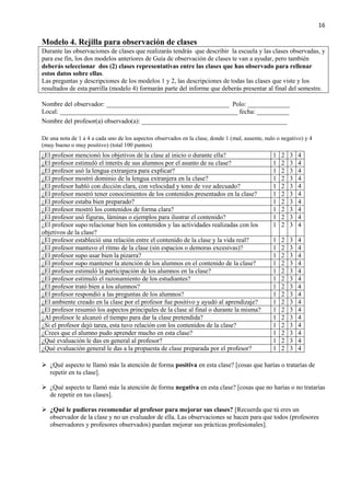 16
Modelo 4. Rejilla para observación de clases
Durante las observaciones de clases que realizarás tendrás que describir la escuela y las clases observadas, y
para ese fin, los dos modelos anteriores de Guía de observación de clases te van a ayudar, pero también
deberás seleccionar dos (2) clases representativas entre las clases que has observado para rellenar
estos datos sobre ellas.
Las preguntas y descripciones de los modelos 1 y 2, las descripciones de todas las clases que viste y los
resultados de esta parrilla (modelo 4) formarán parte del informe que deberás presentar al final del semestre.
Nombre del observador: ______________________________________ Polo: _____________
Local: _______________________________________________________ fecha: __________
Nombre del profesor(a) observado(a): _____________________________________________
De una nota de 1 a 4 a cada uno de los aspectos observados en la clase, donde 1 (mal, ausente, nulo o negativo) y 4
(muy bueno o muy positivo) (total 100 puntos)
¿El profesor mencionó los objetivos de la clase al inicio o durante ella? 1 2 3 4
¿El profesor estimuló el interés de sus alumnos por el asunto de su clase? 1 2 3 4
¿El profesor usó la lengua extranjera para explicar? 1 2 3 4
¿El profesor mostró dominio de la lengua extranjera en la clase? 1 2 3 4
¿El profesor habló con dicción clara, con velocidad y tono de voz adecuado? 1 2 3 4
¿El profesor mostró tener conocimientos de los contenidos presentados en la clase? 1 2 3 4
¿El profesor estaba bien preparado? 1 2 3 4
¿El profesor mostró los contenidos de forma clara? 1 2 3 4
¿El profesor usó figuras, láminas o ejemplos para ilustrar el contenido? 1 2 3 4
¿El profesor supo relacionar bien los contenidos y las actividades realizadas con los
objetivos de la clase?
1 2 3 4
¿El profesor estableció una relación entre el contenido de la clase y la vida real? 1 2 3 4
¿El profesor mantuvo el ritmo de la clase (sin espacios o demoras excesivas)? 1 2 3 4
¿El profesor supo usar bien la pizarra? 1 2 3 4
¿El profesor supo mantener la atención de los alumnos en el contenido de la clase? 1 2 3 4
¿El profesor estimuló la participación de los alumnos en la clase? 1 2 3 4
¿El profesor estimuló el razonamiento de los estudiantes? 1 2 3 4
¿El profesor trató bien a los alumnos? 1 2 3 4
¿El profesor respondió a las preguntas de los alumnos? 1 2 3 4
¿El ambiente creado en la clase por el profesor fue positivo y ayudó al aprendizaje? 1 2 3 4
¿El profesor resumió los aspectos principales de la clase al final o durante la misma? 1 2 3 4
¿Al profesor le alcanzó el tiempo para dar la clase pretendida? 1 2 3 4
¿Si el profesor dejó tarea, esta tuvo relación con los contenidos de la clase? 1 2 3 4
¿Crees que el alumno pudo aprender mucho en esta clase? 1 2 3 4
¿Qué evaluación le das en general al profesor? 1 2 3 4
¿Qué evaluación general le das a la propuesta de clase preparada por el profesor? 1 2 3 4
 ¿Qué aspecto te llamó más la atención de forma positiva en esta clase? [cosas que harías o tratarías de
repetir en tu clase].
 ¿Qué aspecto te llamó más la atención de forma negativa en esta clase? [cosas que no harías o no tratarías
de repetir en tus clases].
 ¿Qué le pudieras recomendar al profesor para mejorar sus clases? [Recuerda que tú eres un
observador de la clase y no un evaluador de ella. Las observaciones se hacen para que todos (profesores
observadores y profesores observados) puedan mejorar sus prácticas profesionales].
 