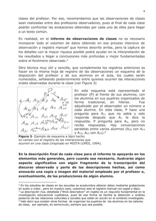 4
clases del profesor. Por eso, recomendamos que las observaciones de clases
sean realizadas entre dos profesores observadores, pues al final de cada clase
podrán confrontar las anotaciones obtenidas por cada uno de ellos para llegar
a un texto común.
En realidad, en el informe de observaciones de clases no es necesario
incorporar todo el volumen de datos obtenido en ese proceso intensivo de
observación y registro manual2 que hemos descrito arriba, pero la captura de
los detalles con la mayor riqueza posible podrá ayudar en la interpretación de
los resultados y llegar a conclusiones más profundas y mejor fundamentadas
sobre el fenómeno observado.3
Otro técnica muy útil y sencilla, que complementa los registros anteriores es
hacer en la misma hoja de registro de las observaciones un esquema de la
disposición del profesor y de sus alumnos en el aula, los cuales serán
numerados, señalando posteriormente entre quienes ocurren las interacciones
orales observadas durante la clase (ver Figura 3)
En este esquema está representado el
profesor (P) al frente de sus alumnos, con
los alumnos en sus pupitres organizados de
forma tradicional, en hileras. Fue
adjudicado por el observador un número a
cada alumno. En esta clase, P hace una
pregunta para A11 que no sabía y solo
responde después que A1 le dice la
respuesta. P pregunta para A5, pero no
recibe respuestas. Hay conversaciones
paralelas entre varios alumnos (A20 con A14
y A15, A22 con A23).4
Figura 3- Ejemplo de esquema a lápiz hecho
en campo con el registro de las interacciones que
ocurren en una clase (inspirado en MOITA LOPES, 1994).
En la descripción final de cada clase para el informe te apoyarás en los
elementos más generales, pero cuando sea necesario, ilustrarás algún
aspecto significativo con algún fragmento de la transcripción del
discurso observado y parte de las descripciones hechas, así como
anexarás una copia o imagen del material empleado por el profesor o,
eventualmente, de las producciones de algún alumno.
2
En los estudios de clases en las escuelas se acostumbra obtener datos mediante grabaciones
en audio o video , pero en nuestro caso, usaremos solo el registro manual con papel y lápiz.
3
La descripción rica, detallada (“thick description” en inglés) es un requisito fundamental en la
investigación educacional cualitativa, pues de esa forma se facilita la detección y análisis
posterior de las relaciones culturales y sociales que están en acción en el contexto investigado.
4
Vale decir que existen otras formas de organizar los pupitres de los alumnos en los salones
de clase, por ejemplo, en semicírculo, siempre que sea posible.
 