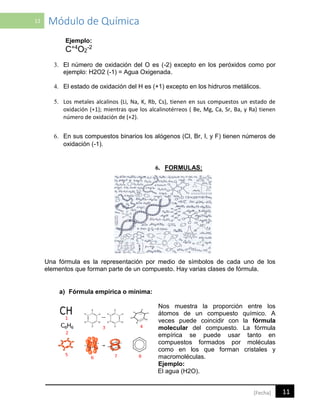 11 Módulo de Química
11[Fecha]
Ejemplo:
C+4
O2
-2
3. El número de oxidación del O es (-2) excepto en los peróxidos como por
ejemplo: H2O2 (-1) = Agua Oxigenada.
4. El estado de oxidación del H es (+1) excepto en los hidruros metálicos.
5. Los metales alcalinos (Li, Na, K, Rb, Cs), tienen en sus compuestos un estado de
oxidación (+1); mientras que los alcalinotérreos ( Be, Mg, Ca, Sr, Ba, y Ra) tienen
número de oxidación de (+2).
6. En sus compuestos binarios los alógenos (Cl, Br, I, y F) tienen números de
oxidación (-1).
6. FORMULAS:
Una fórmula es la representación por medio de símbolos de cada uno de los
elementos que forman parte de un compuesto. Hay varias clases de fórmula.
a) Fórmula empírica o mínima:
Nos muestra la proporción entre los
átomos de un compuesto químico. A
veces puede coincidir con la fórmula
molecular del compuesto. La fórmula
empírica se puede usar tanto en
compuestos formados por moléculas
como en los que forman cristales y
macromoléculas.
Ejemplo:
El agua (H2O).
 