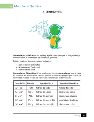 15 Módulo de Química
15[Fecha]
9. NOMENCLATURA:
Nomenclatura química son las reglas y regulaciones que rigen la designación (la
identificación o el nombre) de las sustancias químicas.
Existen tres tipos de nomenclaturas, estas son:
 Nomenclatura Sistemática
 Nomenclatura Tradicional
 Nomenclatura Stock
Nomenclatura Sistemática: Esta es el primer tipo de nomenclatura que se basa
en nombrar los compuestos usando prefijos numéricos griegos que indican la
atomicidad de cada uno de los elementos presentes en cada molécula.
 