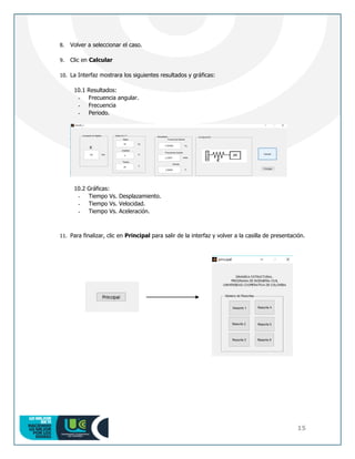 15
8. Volver a seleccionar el caso.
9. Clic en Calcular
10. La Interfaz mostrara los siguientes resultados y gráficas:
10.1 Resultados:
- Frecuencia angular.
- Frecuencia
- Periodo.
10.2 Gráficas:
- Tiempo Vs. Desplazamiento.
- Tiempo Vs. Velocidad.
- Tiempo Vs. Aceleración.
11. Para finalizar, clic en Principal para salir de la interfaz y volver a la casilla de presentación.
 