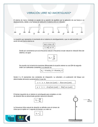 20
VIBRACIÓN LIBRE NO AMORTIGUADO*
El sistema de marco mostrado es sacado de su posición de equilibrio por la aplicación de una fuerza o un
desplazamiento, debido a las fuerzas de restitución el sistema entra en vibración.
La ecuación que representa el movimiento de un sistema sin amortiguamiento y que no está sometido a la
acción de una fuerza externa es:
𝒎. ü + 𝒌. 𝒖 = 𝟎
ü + 𝒘𝒏
𝟐
. 𝒖 = 𝟎
Donde por conveniencia ωn es la frecuencia natural o frecuencia circular natural en vibración libre del
sistema y es igual:
𝒘𝒏 = √
𝒌
𝒎
De acuerdo con la teoría de ecuaciones diferenciales la ecuación anterior es una EDH de segundo
orden con coeficientes constantes y su solución es:
𝒖(𝒕) = 𝑨 𝒄𝒐𝒔(𝒘𝒏. 𝒕) + 𝑩 𝒔𝒆𝒏(𝒘𝒏. 𝒕)
Donde A y B representan dos constantes de integración. La velocidad y la aceleración del bloque son
determinadas derivando sucesivamente, lo que da:
𝑣 = ˙𝑥 = 𝐴𝜔𝑛 𝑐𝑜𝑠 (𝜔𝑛𝑡) − 𝐵𝜔𝑛 𝑠𝑒𝑛 (𝜔𝑛𝑡)
𝑎 = ¨𝑥 = −𝐴 𝑤𝑛
2
𝑠𝑒𝑛 (𝜔𝑛𝑡) − 𝐵𝑤𝑛
2
𝑐𝑜𝑠 (𝜔𝑛𝑡)
El tiempo requerido de un sistema no amortiguado para completar un ciclo
de vibración libre es denominado periodo natural de vibración:
𝑻𝒏 =
𝟐𝝅
𝒘𝒏
La frecuencia cíclica natural de vibración es definida como el número de
ciclos que se repiten en 1 segundo de tiempo y su valor es:
𝐹𝑛 =
1
𝑇
 