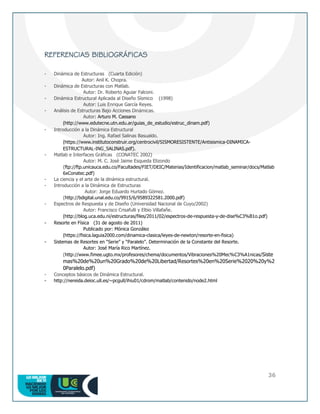 36
REFERENCIAS BIBLIOGRÁFICAS
- Dinámica de Estructuras (Cuarta Edición)
Autor: Anil K. Chopra.
- Dinámica de Estructuras con Matlab.
Autor: Dr. Roberto Aguiar Falconi.
- Dinámica Estructural Aplicada al Diseño Sísmico (1998)
Autor: Luis Enrique García Reyes.
- Análisis de Estructuras Bajo Acciones Dinámicas.
Autor: Arturo M. Cassano
(http://www.edutecne.utn.edu.ar/guias_de_estudio/estruc_dinam.pdf)
- Introducción a la Dinámica Estructural
Autor: Ing. Rafael Salinas Basualdo.
(https://www.institutoconstruir.org/centrocivil/SISMORESISTENTE/Antisismica-DINAMICA-
ESTRUCTURAL-ING_SALINAS.pdf).
- Matlab e Interfaces Gráficas (CONATEC 2002)
Autor: M. C. José Jaime Esqueda Elizondo
(ftp://ftp.unicauca.edu.co/Facultades/FIET/DEIC/Materias/Identificacion/matlab_seminar/docs/Matlab
6xConatec.pdf)
- La ciencia y el arte de la dinámica estructural.
- Introducción a la Dinámica de Estructuras
Autor: Jorge Eduardo Hurtado Gómez.
(http://bdigital.unal.edu.co/9915/6/9589322581.2000.pdf)
- Espectros de Respuesta y de Diseño (Universidad Nacional de Cuyo/2002)
Autor: Francisco Crisafulli y Elbio Villafañe.
(http://blog.uca.edu.ni/estructuras/files/2011/02/espectros-de-respuesta-y-de-dise%C3%B1o.pdf)
- Resorte en Física (31 de agosto de 2011)
Publicado por: Mónica González
(https://fisica.laguia2000.com/dinamica-clasica/leyes-de-newton/resorte-en-fisica)
- Sistemas de Resortes en “Serie” y “Paralelo”. Determinación de la Constante del Resorte.
Autor: José María Rico Martínez.
(http://www.fimee.ugto.mx/profesores/chema/documentos/Vibraciones%20Mec%C3%A1nicas/Siste
mas%20de%20un%20Grado%20de%20Libertad/Resortes%20en%20Serie%2020%20y%2
0Paralelo.pdf)
- Conceptos básicos de Dinámica Estructural.
- http://nereida.deioc.ull.es/~pcgull/ihiu01/cdrom/matlab/contenido/node2.html
 