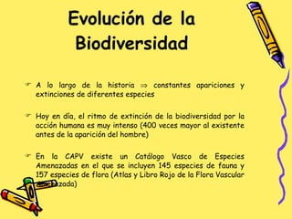 Evolución de la Biodiversidad A lo largo de la historia    constantes apariciones y extinciones de diferentes especies Hoy en día, el ritmo de extinción de la biodiversidad por la acción humana es muy intenso (400 veces mayor al existente antes de la aparición del hombre) En la CAPV existe un Catálogo Vasco de Especies Amenazadas en el que se incluyen 145 especies de fauna y 157 especies de flora (Atlas y Libro Rojo de la Flora Vascular Amenazada) 