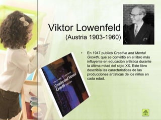 Viktor Lowenfeld
(Austria 1903-1960)
• En 1947 publicó Creative and Mental
Growth, que se convirtió en el libro más
influyente en educación artística durante
la última mitad del siglo XX. Este libro
describía las características de las
producciones artísticas de los niños en
cada edad.
 