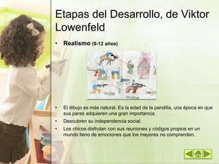 Etapas del Desarrollo, de Viktor
Lowenfeld
• Realismo (9-12 años)
• El dibujo es más natural. Es la edad de la pandilla, una época en que
sus pares adquieren una gran importancia.
• Descubren su independencia social.
• Los chicos disfrutan con sus reuniones y códigos propios en un
mundo lleno de emociones que los mayores no comprenden.
 