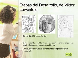 Etapas del Desarrollo, de Viktor
Lowenfeld
• Decisión (13 en adelante)
• El niño decide cuál técnica desea perfeccionar y elige una,
según el producto que desea obtener.
• Lo dibujado demuestra sentimientos (impresionismo
sensorial).
 