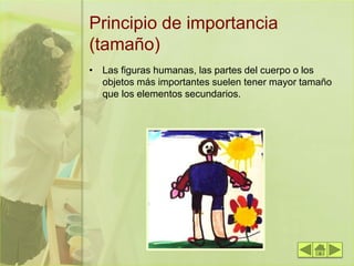 Principio de importancia
(tamaño)
• Las figuras humanas, las partes del cuerpo o los
objetos más importantes suelen tener mayor tamaño
que los elementos secundarios.
 