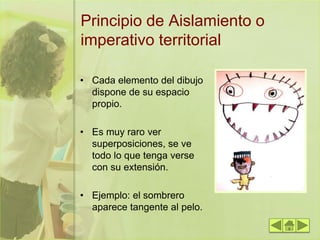 Principio de Aislamiento o
imperativo territorial
• Cada elemento del dibujo
dispone de su espacio
propio.
• Es muy raro ver
superposiciones, se ve
todo lo que tenga verse
con su extensión.
• Ejemplo: el sombrero
aparece tangente al pelo.
 