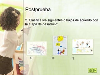 Postprueba
2. Clasifica los siguientes dibujos de acuerdo con
la etapa de desarrollo:
a) b) c)
 