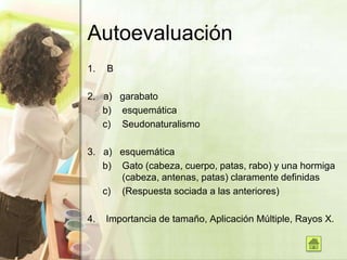 Autoevaluación
1. B
2. a) garabato
b) esquemática
c) Seudonaturalismo
3. a) esquemática
b) Gato (cabeza, cuerpo, patas, rabo) y una hormiga
(cabeza, antenas, patas) claramente definidas
c) (Respuesta sociada a las anteriores)
4. Importancia de tamaño, Aplicación Múltiple, Rayos X.
 