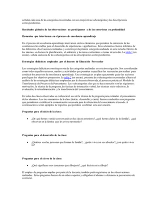 señalan cada una de las categorías encontradas con sus respectivas subcategorías y las descripciones
correspondientes.
Resultados globales de las observaciones no participantes y de las entrevistas en profundidad
Elementos que intervienen en el proceso de enseñanza–aprendizaje
En el proceso de enseñanza-aprendizaje intervienen ciertos elementos que permiten la existencia de las
condiciones favorables para el desarrollo de experiencias significativas. Estos elementos fueron inferidos de
las diferentes observaciones realizadas y constituyen la primera categoría analizada en este estudio.Dentro de
los mismos se destaca:la planificación, el ambiente y las áreas curriculares o temas de estudio. La tabla 1 (en
anexo), señala cada una de las subcategorías con las descripciones correspondientes.
Estrategias didácticas empleadas por el docente de Educación Preescolar
Las estrategias didácticas constituyen otra de las categorías analizadas en esta investigación. Son consideradas
como todos aquellos recursos,medios y actividades que permiten especificar las secuencias porrealizar para
conducir los procesos de enseñanza y aprendizaje. Una estrategia es un plan que permite guiar las acciones
para lograr los objetivos propuestos.La tabla 2 (en anexo), presenta las subcategorías encontradas alhacer el
análisis de las estrategias didácticas empleadas por la docente observada,al poner en práctica el Modelo de
Transferencia de Procesos de Pensamiento. Las subcategorías a las que se hace mención son las siguientes:
motivación, la técnica de la pregunta,las tácticas de interacción verbal, las técnicas socio-afectivas, la
evaluación, la retroalimentación y la transferencia del conocimiento.
En todas las clases observadas se evidenció el uso de la técnica de la pregunta para estimular el pensamiento
de los alumnos. Los tres momentos de la clase (inicio, desarrollo y cierre) fueron conducidos con preguntas
que permitieron establecer la comunicación necesaria para la obtención del conocimiento deseado.A
continuación se citan ejemplos de registros que permiten confirmar esta aseveración.
Preguntas para el inicio de la clase:
 ¿De qué hemos venido conversando en las clases anteriores?, ¿qué hemos dicho de la familia?, ¿qué
observan en la lámina que les estoy mostrando?
Preguntas para el desarrollo de la clase:
 ¿Quiénes son las personas que forman la familia?, ¿quién vive con sus abuelos?,¿con quién vives
tú?
Preguntas para el cierre de la clase:
 ¿Qué significan esos corazones que dibujaste?, ¿qué hiciste en tu dibujo?
El empleo de preguntas amplias por parte de la docente,también pudo registrarse en las observaciones
realizadas. Estas preguntas fueron de un orden superior y obligaban al alumno a detenerse a pensarantes de
contestar.
 