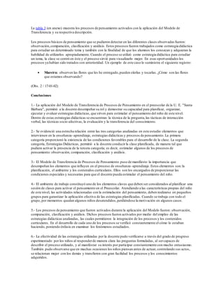 La tabla 3 (en anexo) muestra los procesos de pensamiento activados con la aplicación del Modelo de
Transferencia y su respectiva descripción.
Los procesos básicos de pensamiento que se pudieron detectar en las diferentes clases observadas fueron:
observación,comparación, clasificación y análisis. Estos procesos fueron trabajados como estrategia didáctica
para estudiar un determinado tema y también con la finalidad de que los alumnos los conozcan y adquieran la
habilidad de utilizarlos apropiadamente. Cuando el proceso se utilizó como estrategia didáctica para estudiar
un tema, la clase se centró en éste y el proceso sirvió para visualizarlo mejor. En esas oportunidades los
procesos ya habían sido tratados con anterioridad. Un ejemplo de este caso lo suministra el siguiente registro:
 Maestra: observen las flores que les he entregado,pueden olerlas y tocarlas. ¿Cómo son las flores
que estamos observando?
(Obs. 2 / 17-01-02)
Conclusiones
1.- La aplicación del Modelo de Transferencia de Procesos de Pensamiento en el preescolar de la U. E. "Santa
Bárbara", permitió a la docente desempeñar su rol y demostrar su capacidad para planificar, organizar,
ejecutar y evaluar estrategias didácticas, que sirven para estimular el pensamiento del niño de este nivel.
Dentro de estas estrategias didácticas se encuentran: la técnica de la pregunta,las tácticas de interacción
verbal, las técnicas socio-afectivas, la evaluación y la transferencia del conocimiento.
2.- Se evidenció una estrecha relación entre las tres categorías analizadas en este estudio:elementos que
intervienen en la enseñanza–aprendizaje, estrategias didácticas y procesos de pensamiento. La primera
categoría proporcionó la existencia de las condiciones favorables para el desarrollo de la clase. La segunda
categoría, Estrategias Didácticas, permitió a la docente conducir la clase planificada, de manera tal que
pudiera activar la presencia de la tercera categoría; es decir, estimular algunos de los procesos de
pensamiento: observación, comparación, clasificación y análisis.
3.- El Modelo de Transferencia de Procesos de Pensamiento puso de manifiesto la importancia que
desempeñan los elementos que influyen en el proceso de enseñanza–aprendizaje. Estos elementos son:la
planificación, el ambiente y los contenidos curriculares. Ellos son los encargados de proporcionar las
condiciones especiales y necesarias para que el docente pueda estimular el pensamiento del niño.
4.- El ambiente de trabajo constituyó uno de los elementos claves que deben ser considerados al planificar una
sesión de clases para activar el pensamiento en el Preescolar. Atendiendo a las características propias del niño
de este nivel, las actividades relacionadas con la estimulación del pensamiento, deben realizarse en pequeños
grupos para garantizar la aplicación efectiva de las estrategias planificadas. Cuando se trabaja con todo el
grupo, por momentos quedan algunos niños desatendidos,perdiéndose la motivación en algunos casos.
5.- Los procesos de pensamiento que fueron activados durante la aplicación del Modelo fueron: observación,
comparación, clasificación y análisis. Dichos procesos fueron activados por medio del empleo de las
estrategias didácticas analizadas, las cuales permitieron la integración de los procesos y los contenidos
curriculares. En el desarrollo de cada uno de los procesos se verificó constantemente el cómo lo estaban
haciendo, poniendo énfasis en examinar los fenómenos estudiados.
6.- La efectividad de las estrategias utilizadas por la docente pudo verificarse a través del grado de progreso
experimentado por los niños al responderde manera clara las preguntas formuladas, al sercapaces de
describir el proceso utilizado, y al manifestar su interés por participar constantemente con mucho entusiasmo.
También pudo observarse que en muchas ocasiones los niños piensan antes de actuar, controlando sus actos,
se relacionan mejor con los demás y transfieren con gran facilidad los procesos y los conocimientos
adquiridos.
 