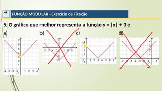 ➔ FUNÇÃO MODULAR –Exercício de Fixação
5. O gráfico que melhor representa a função y = |x| + 3 é
a) b) c) d)
 
