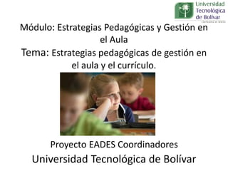 Módulo: Estrategias Pedagógicas y Gestión en
el Aula
Tema: Estrategias pedagógicas de gestión en
el aula y el currículo.
Proyecto EADES Coordinadores
Universidad Tecnológica de Bolívar
 